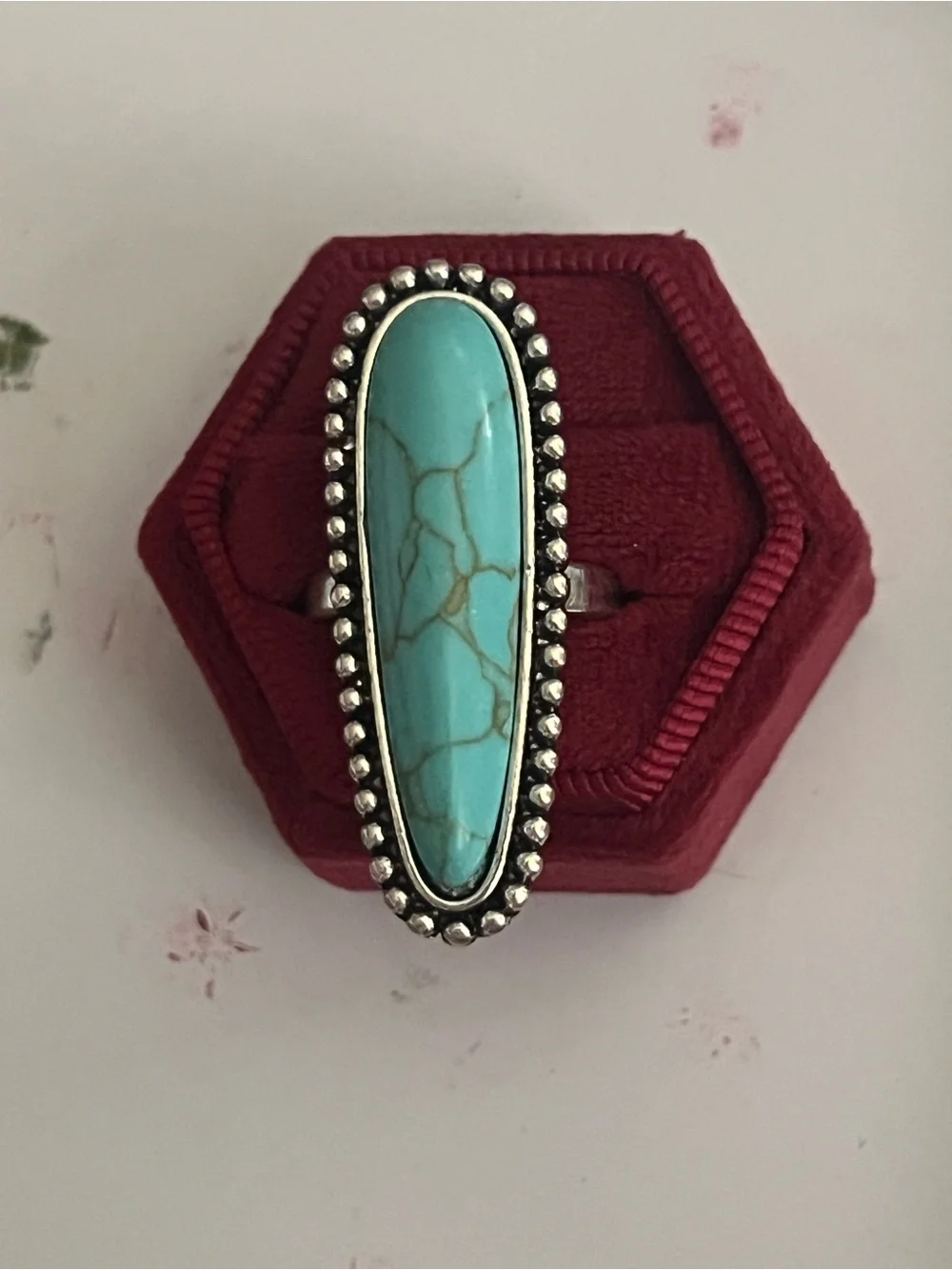 Turquoise Stone Silver-Accent Long Oval Ring - Blue Size 7